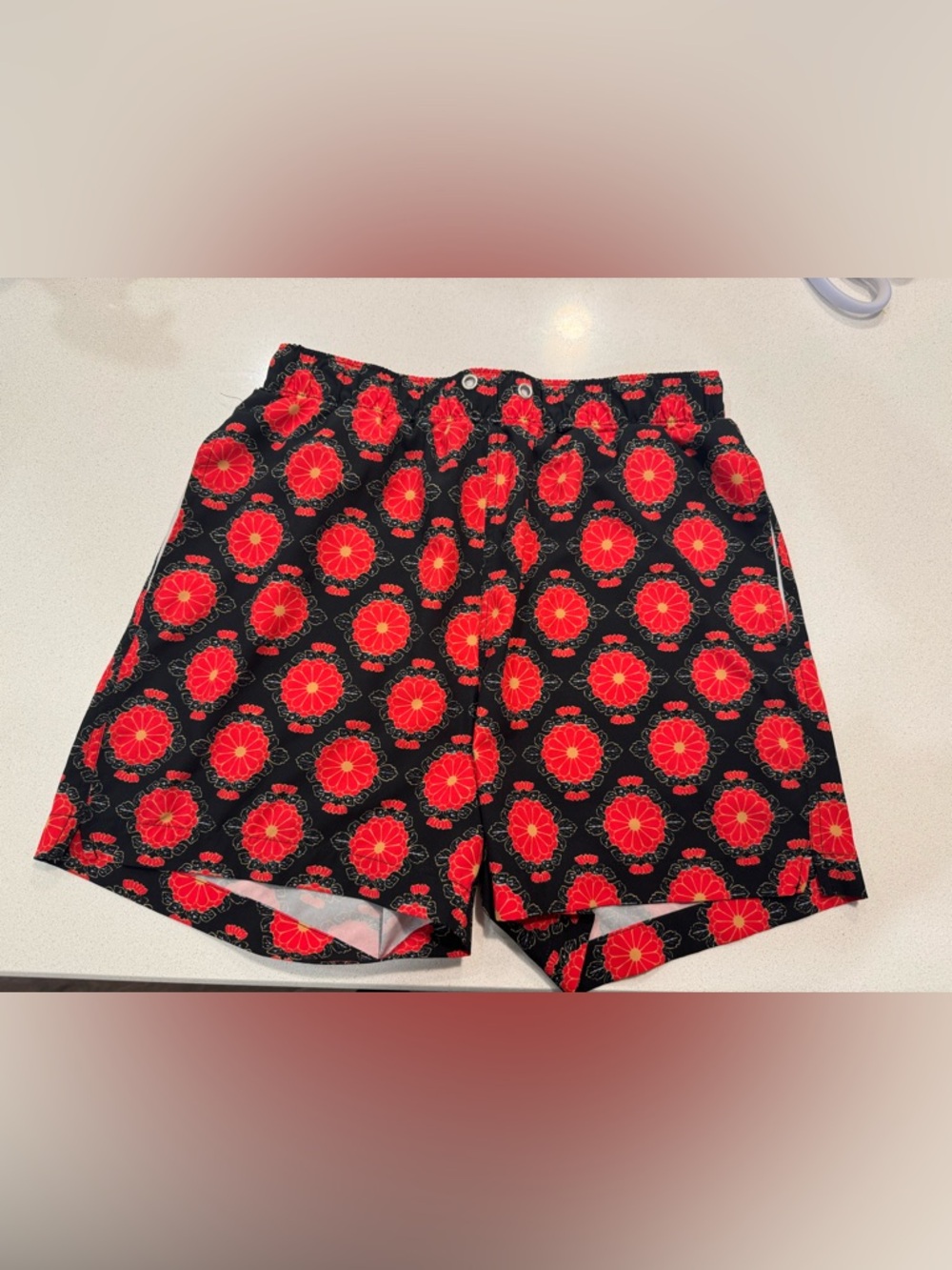 Men's Black Swim Trunks with Red Floral Medallion Print
